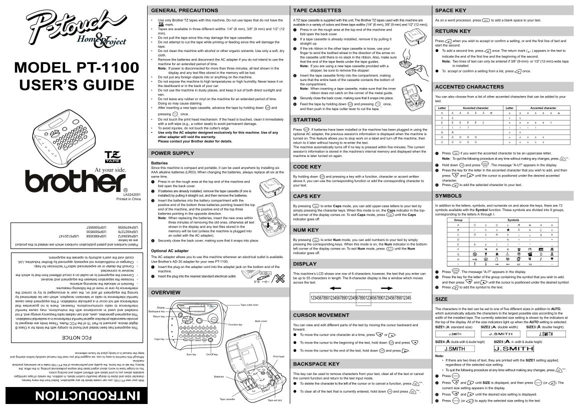 Brother PT-1100 User Guide and Manual - Page 1