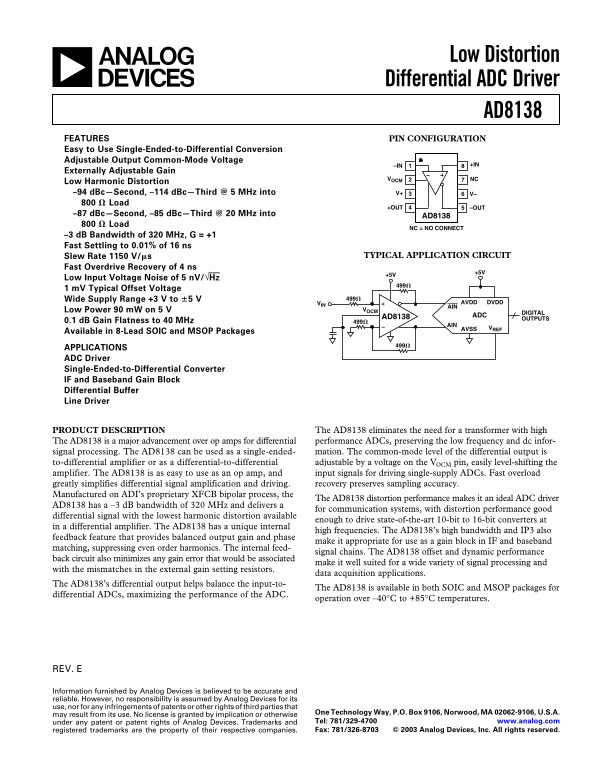 AD8138 Analog Devices Low-Distortion Differential ADC Driver User Guide (Volume 1) - Page 1