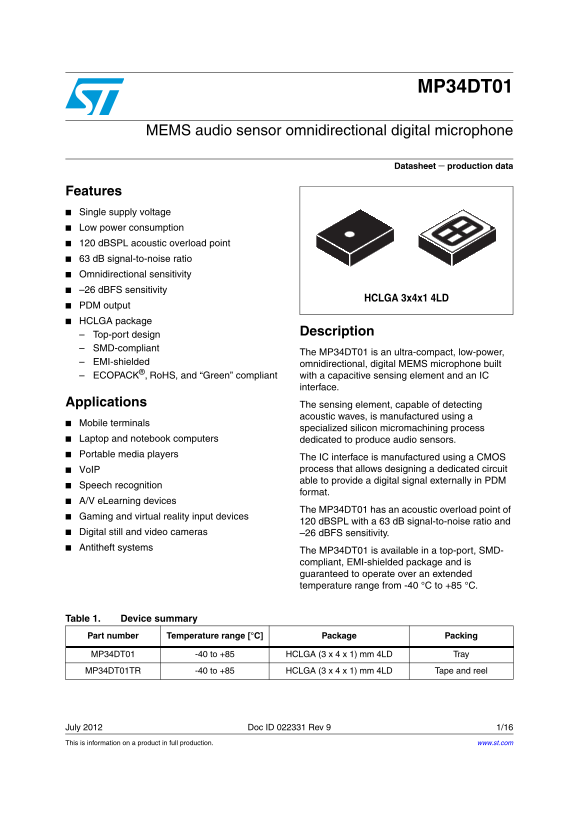 ST MP34DT01 MEMS audio sensor omnidirectional digital microphone User Guide & Data Sheet - Page 1