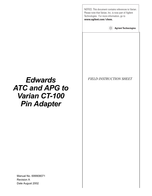 Agilent Technologies Edwards ATC and APG to Varian CT-100 Pin Adapter Field Instruction Sheet - Page 1