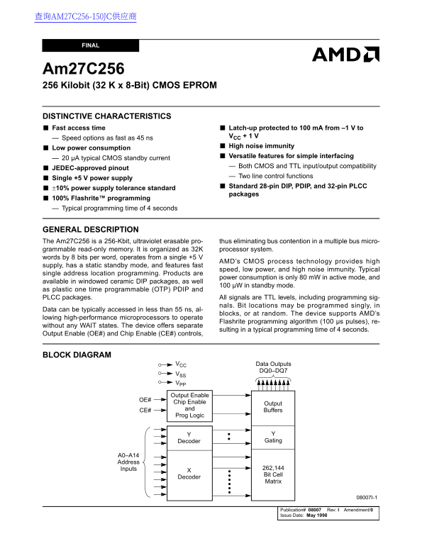 AMD Am27C256 256 Kilobit (32 K x 8-Bit) CMOS EPROM User's Manual - Page 1