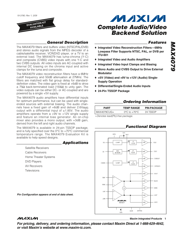 MAXIM MAX4079 Complete Audio Video Backend Solution Data Sheet - Page 1