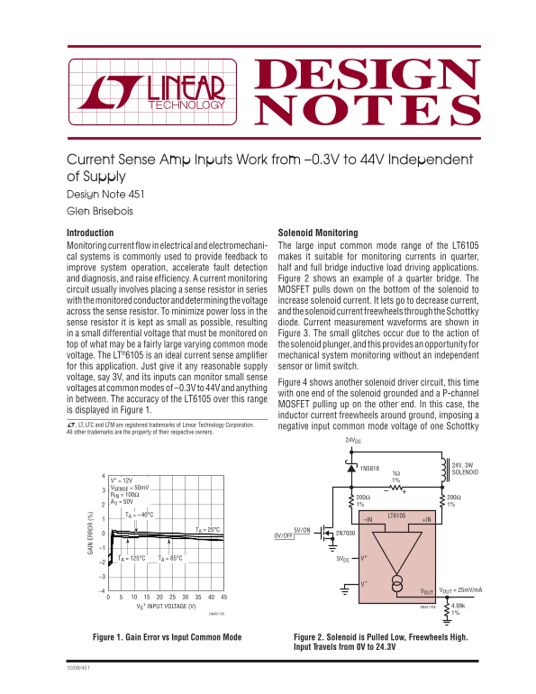 LINEAR Current Sense Amplifier Inputs: -0.3V to 44V Independent of Supply Design Note 451 Data Manual User Guide - Page 1