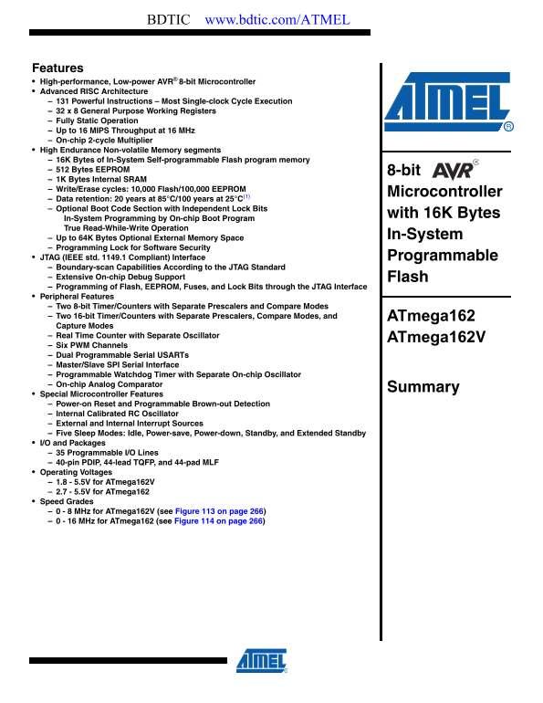 ATMEL AVR Microcontrollers ATmega162 ATmega162V Data Sheet - Page 1