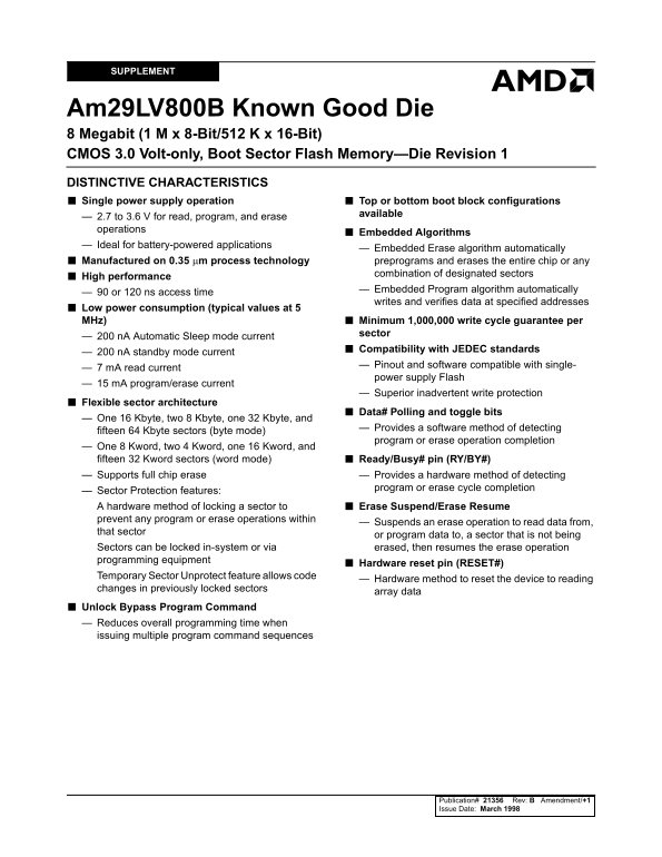 AMD Am129LV800B Known Good Die Specifications and User Guide - Page 1
