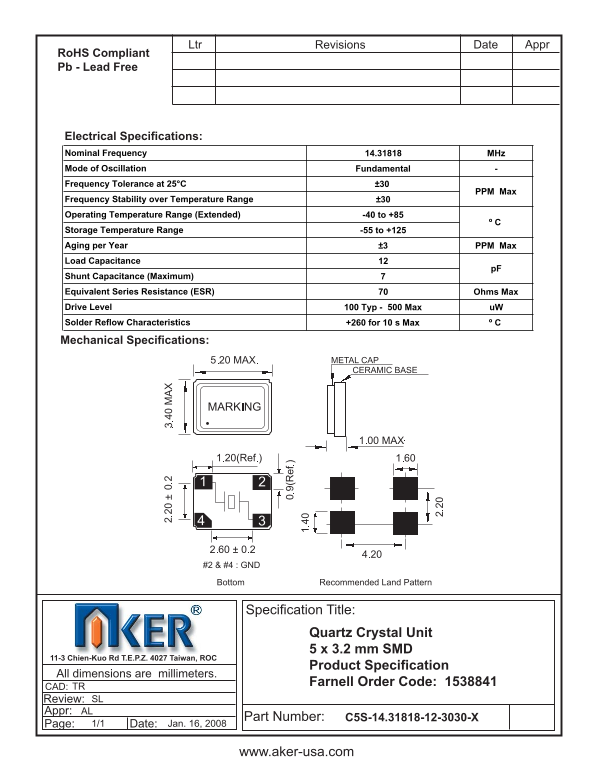 AKER 5 x 3.2 mm SMD Quartz Crystal Unit handbook - Page 1