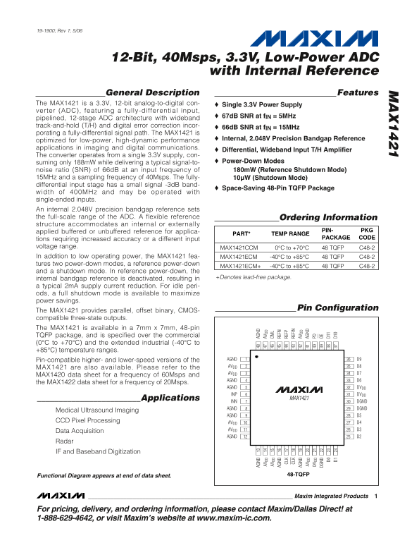 MAXIM MAX1421 12-Bit, 40Msps, 3.3V Low-Power ADC with Internal Reference - Page 1