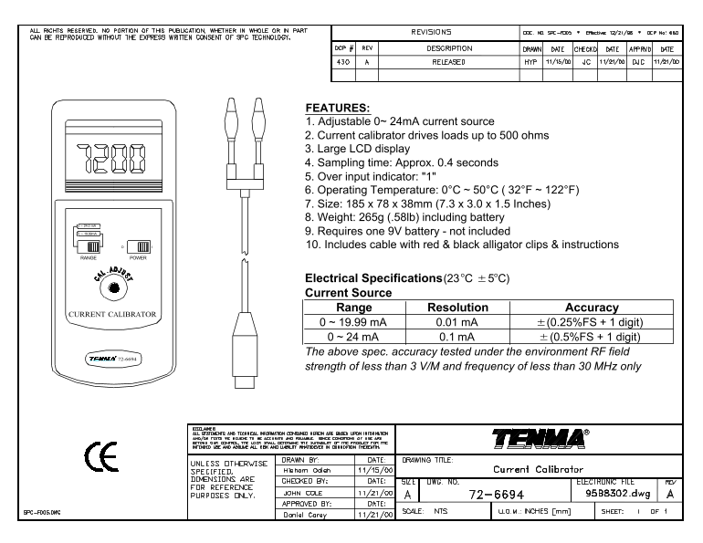 TENMA Current Calibrator A Size 72-6694 95B8602.DWG - Page 1