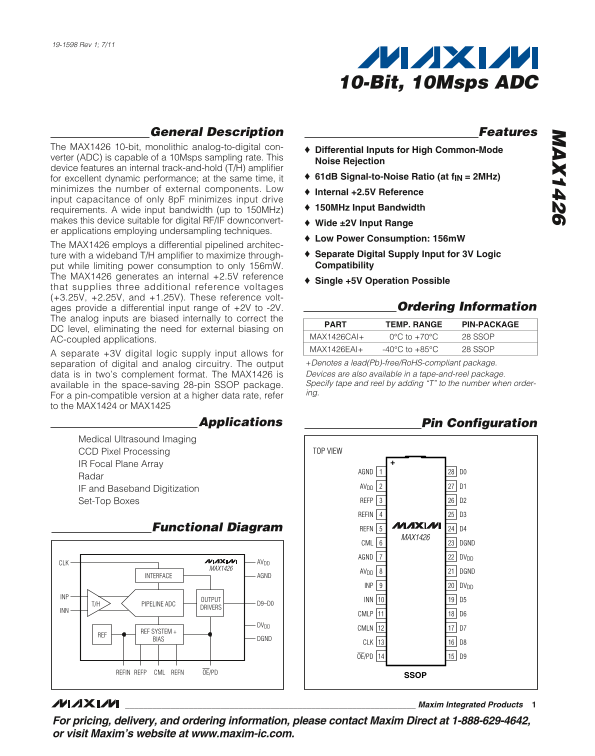 MAXIM MAX1426 10-Bit, 10Msps ADC Data Sheet - Page 1