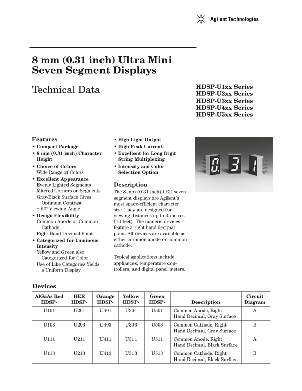 AVAGO TECHNOLOGIES HDSP-U1xx Series HDSP-U2xx Series HDSP-U3xx Series HDSP-U4xx Series HDSP-U5xx Series 8mm (0.31in) Ultra Mini Seven Segment Displays Technical Documentation - Page 1