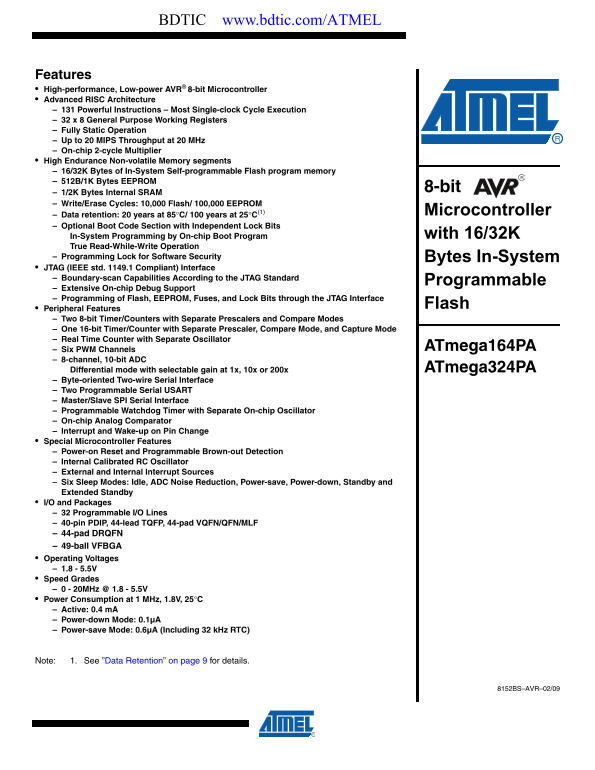 ATMEL AVR Microcontroller ATmega324PA Data Sheet - Page 1