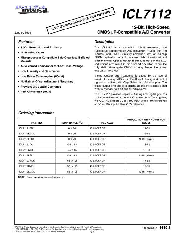 Intersil ICL7112 12-Bit High-Speed CMOS µP-Compatible ADC Data Sheet - Page 1