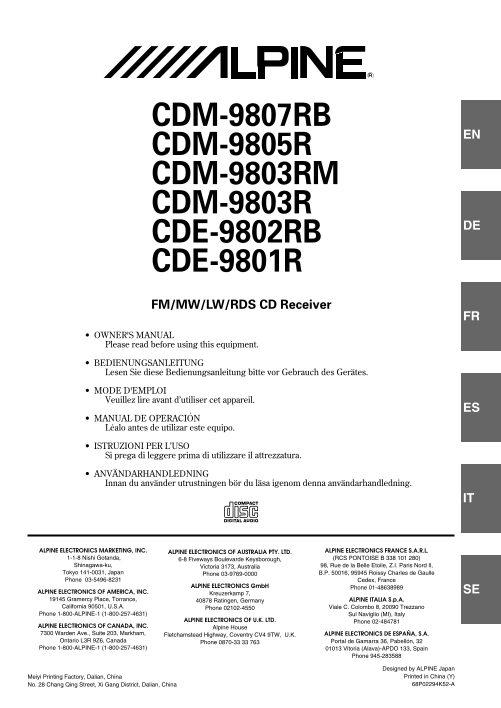 ALPINE MP3 WMA CD Receiver CDE-M9805R User Guide - Page 1