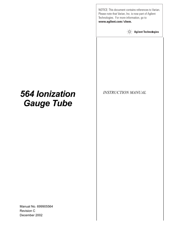 Agilent Technologies 564 Ionization Gauge Tube Manual Operation and Safety Procedures - Page 1