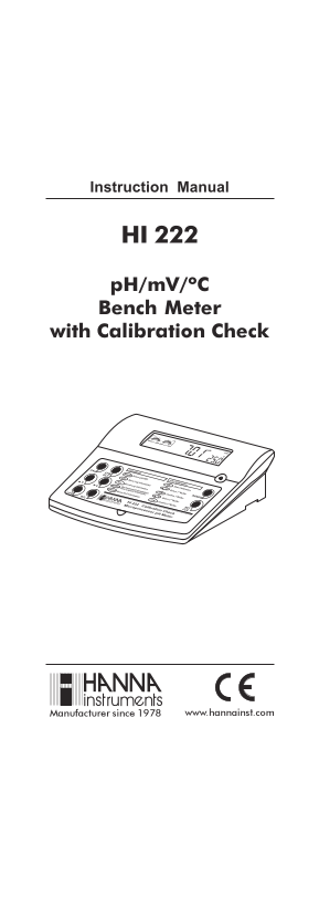 Hanna HI 222 pH/mV/ºC Bench Meter with Calibration Check Instruction Manual - Page 1