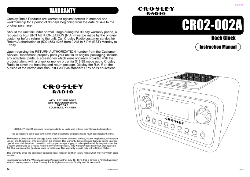 CROSLEY CR02-002A Dock Clock User's Manual - Page 1