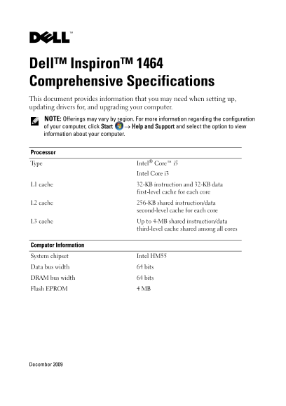 Dell Inspiron 1464 Comprehensive Specifications - Page 1