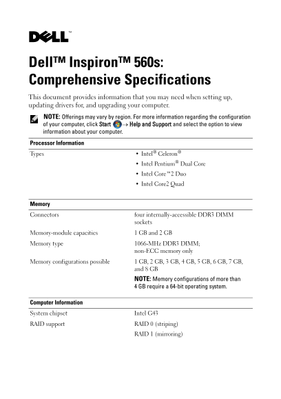 Dell Inspiron 560s Comprehensive Specifications - Page 1