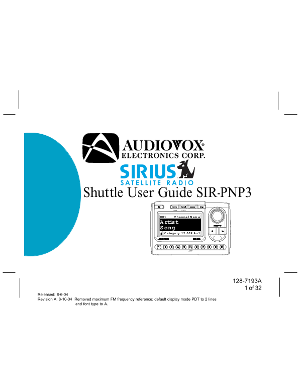 OUTPUT: Audiovox Sirius Shuttle SIR-PNP3 User Guide - Page 1