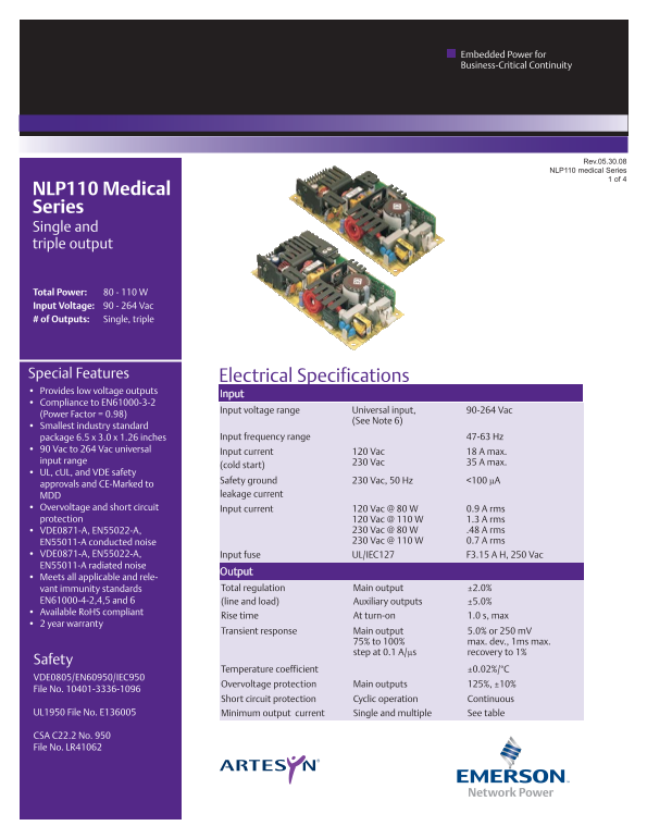 ARTESYN NLP110 Medical Series Single Output Specifications  User Guide - Page 1