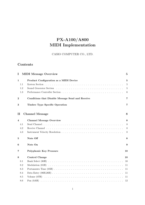 Casio PX-A100RD, PX-A100BE MIDI Implementation User's Manual - Page 1