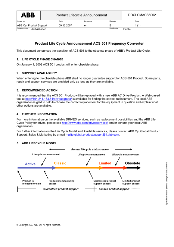 ABB Product Lifecycle Announcement Product Lifecycle Announcement ACS 501 Frequency Converter User Guide - Page 1