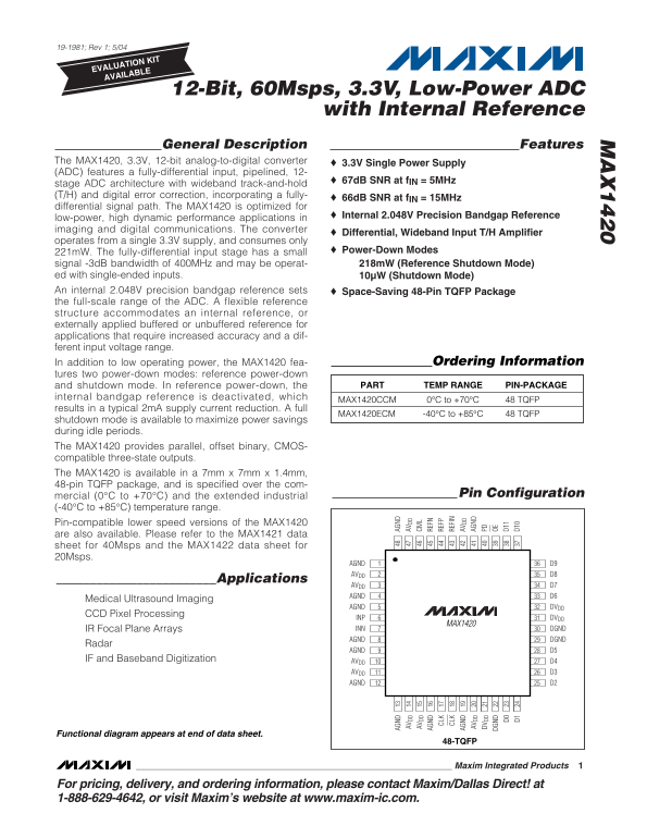 MAXIM MAX1420 12-Bit, 60Msps, 3.3V, Low-Power ADC with Internal Reference User Manual Data Sheet - Page 1