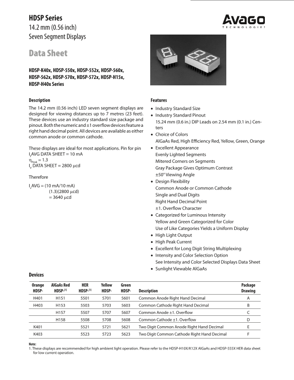 AVAGO TECHNOLOGIES HDSP Series 14.2 mm (0.56 inch) Seven Segment Displays Owner's Manual - Page 1