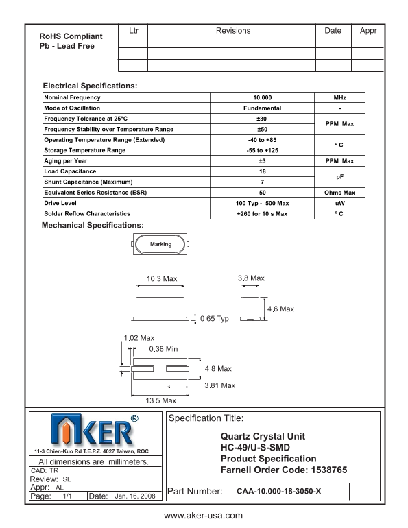AKER - aker-usa.com 11-3 Chien-Kuo Road T.E.P.Z. 4027 Taiwan, ROC CAA-10.000-18-3050-X Manual, User Guide - Page 1