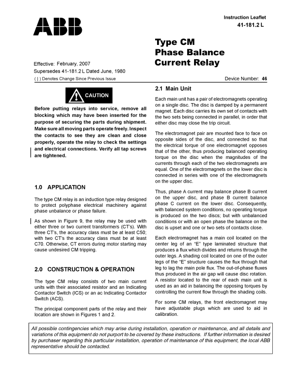 ABB Type CM Phase Balance Current Relay Specifications and User Guide - Page 1