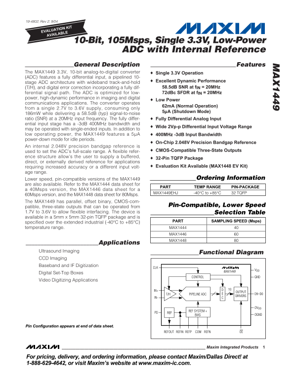 MAXIM MAX1449 10-Bit, 105Msps, Single 3.3V, Low-Power ADC with Internal Reference - Page 1