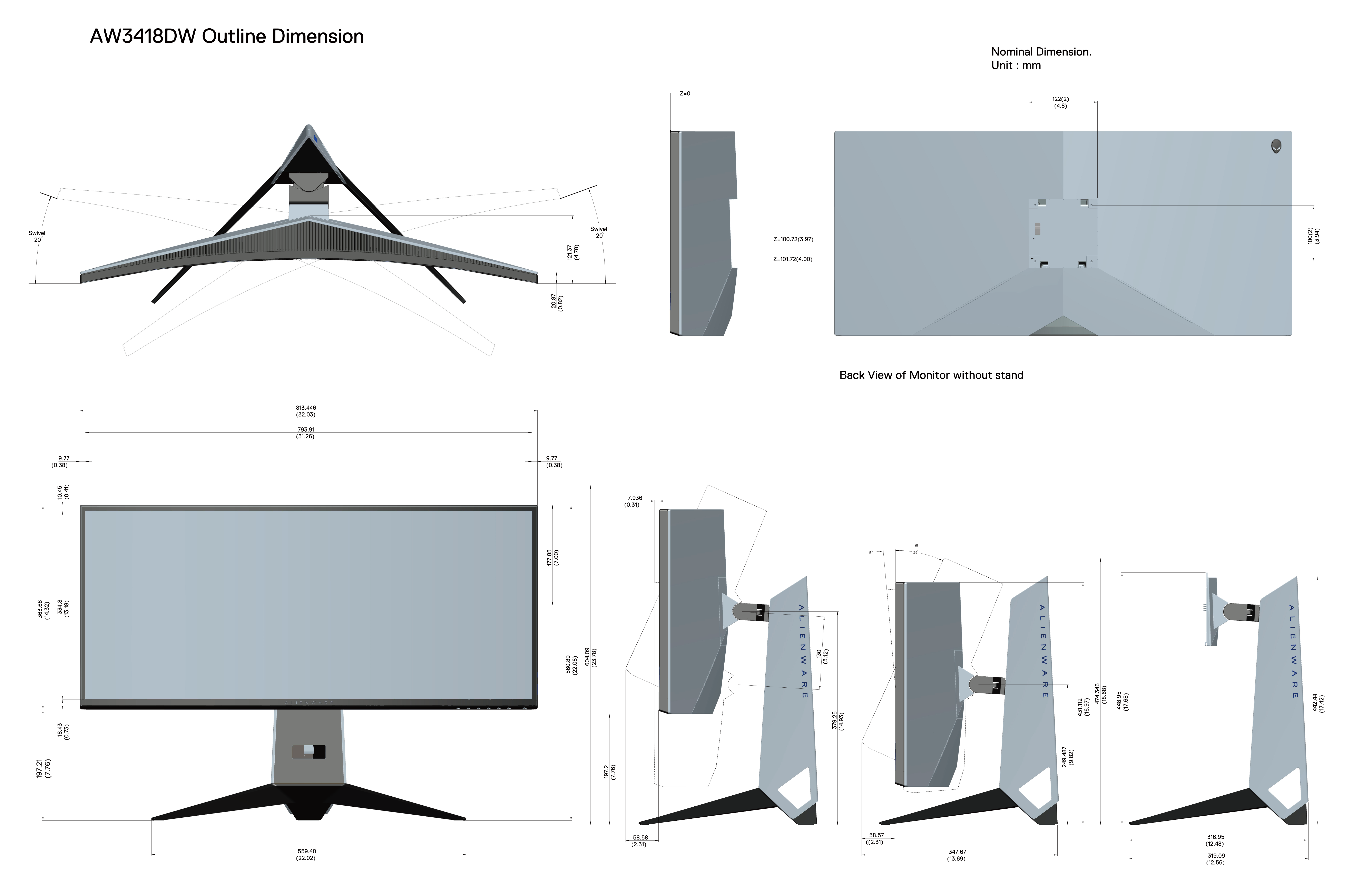 Dell Alienware AW3418DW Outline Drawing - Page 1