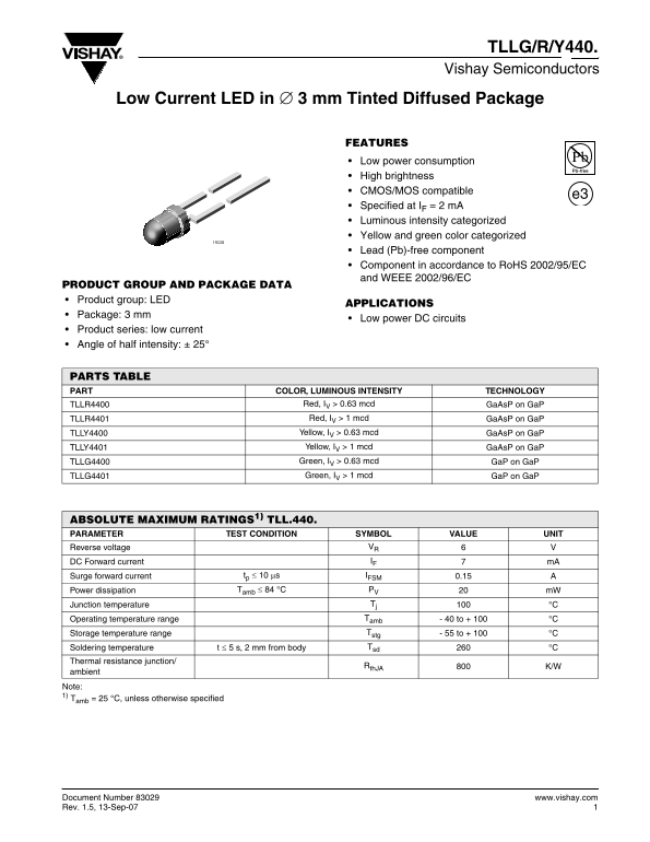 Vishay Semiconductor TLLG R Y440 Low Current LED specifications - Page 1