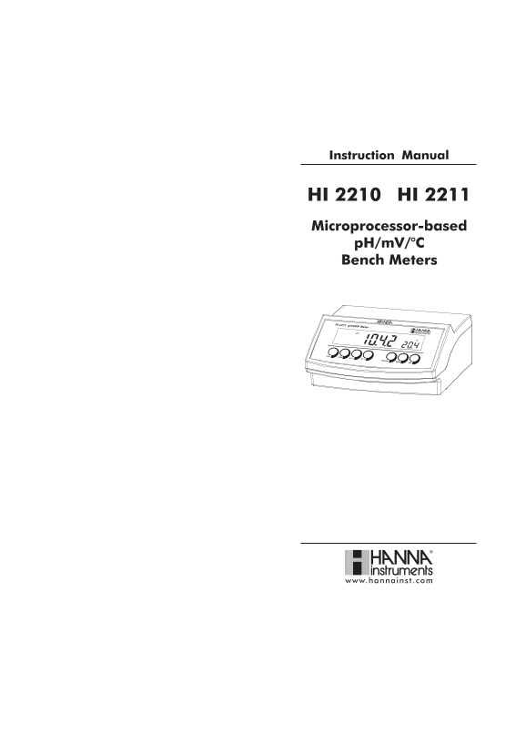 Hanna HI 2210/11 Microprocessor-based pH/mV/°C Bench Meters Instruction Manual - Page 1