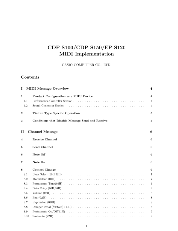 Casio Electronic Instruments CDP-S100 MIDI Implementation Guide - Page 1