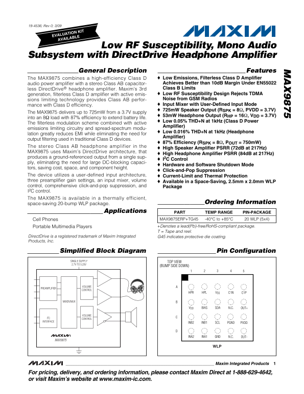 MAXIM MAX9875 Low RF Susceptibility, Mono Audio Subsystem with DirectDrive Headphone Amplifier User's Manual - Page 1