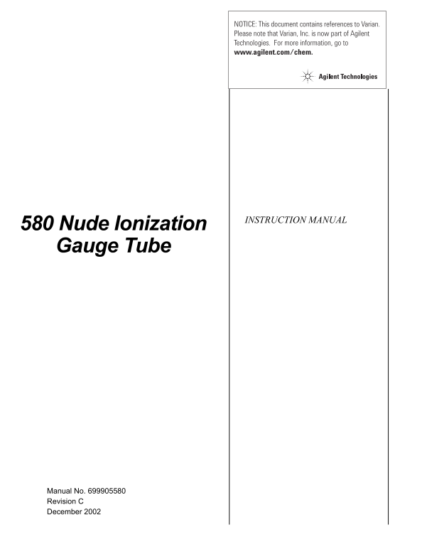 Agilent Technologies 580 Nude Ionization Gauge Instructions and Safety Manual - Page 1