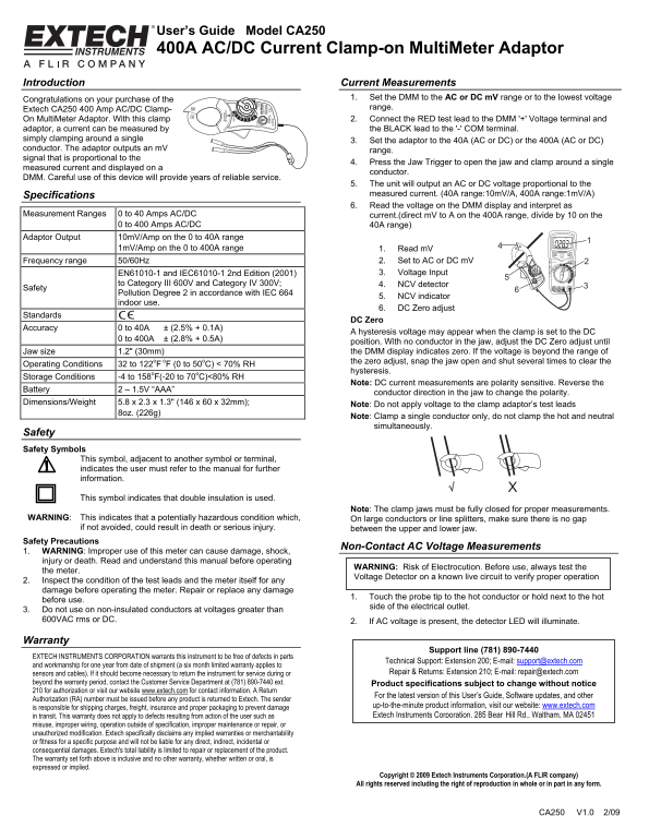 EXTECH 400A AC DC Current Clamp-on MultiMeter Adaptor User Guide - Page 1