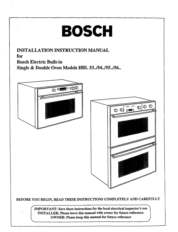 Installation Instruction Manual for Bosch Electric Built-in Single Double Oven Models HBL 53..154.. 55.. 56.. - Page 1