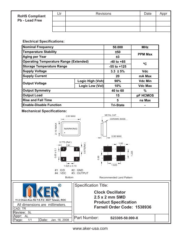 AKER Clock Oscillator 2.5 x 2 mm SMD Product Specification Technical Reference Farnell Order Code 1538936 - Page 1