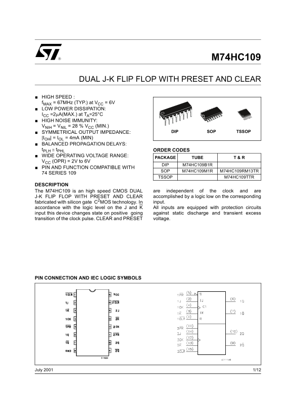 ST M74HC109 Dual J-K Flip-Flop with Preset and Clear - Data Sheet/Manual - Page 1
