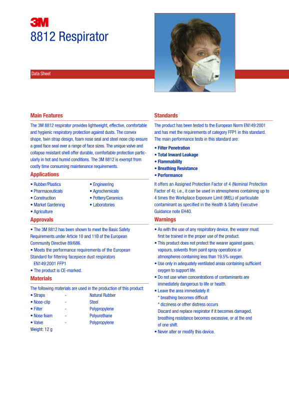 3M 8812 Respirator Data Sheet - Page 1