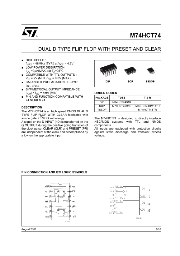 ST M74HCT74 Dual D-Type Flip-Flop with Preset and Clear Data Sheet - Page 1