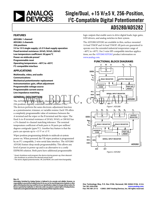 AD5282 Analog Devices Data Handbook/Manual - Page 1