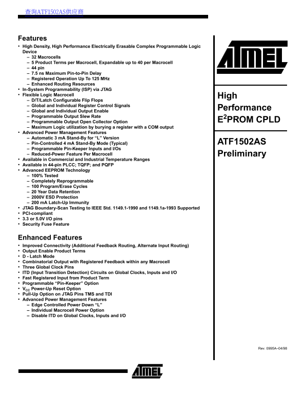 ATMEL ATF1502AS Preliminary Data Handbook - Page 1