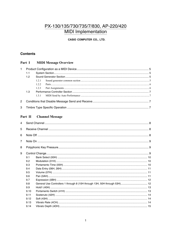 Casio PX-130 Electronic Musical Instrument MIDI Implementation Guide - Page 1