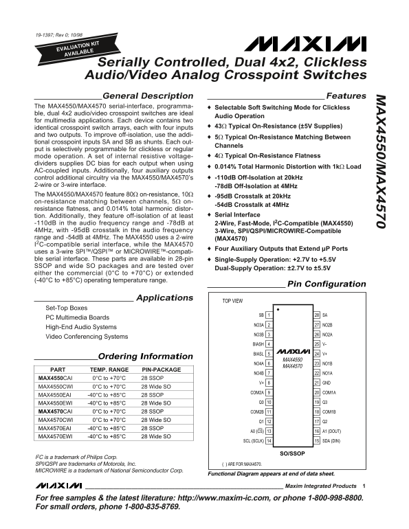 MAXIM MAX4550 MAX4570 Serially Controlled, Dual 4x2, Clickless Audio Video Analog Crosspoint Switches - Page 1
