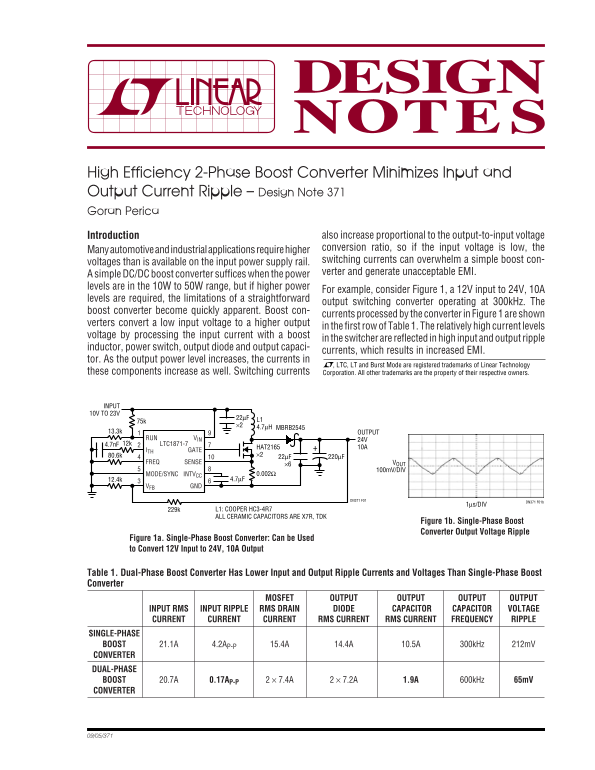 LINEAR High Efficiency 2-Phase Boost Converter - Minimizes Input & Output Current Ripple  – Design Note 371 Data Sheet User Manual - Page 1