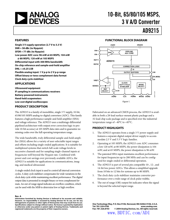 AD9215 Analog Devices Data Handbook/Manual - Page 1