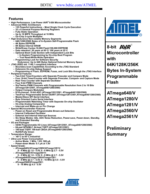 ATMEL AVR Microcontroller ATmega2560 Data Sheet (1)(1) - Page 1
